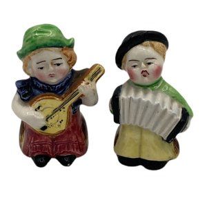 Vintage Salt Pepper Shakers Boy Playing Concertina Girl Playing Banjo Japan 2in